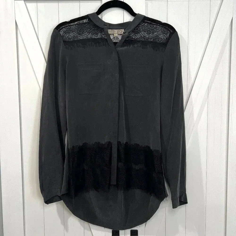 Go Silk Machine Washable Silk Lace Black High Low Luxury Career Blouse Top Small